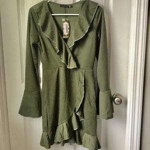 Boohoo Ruffle Tea Dress Khaki Green Size US 6